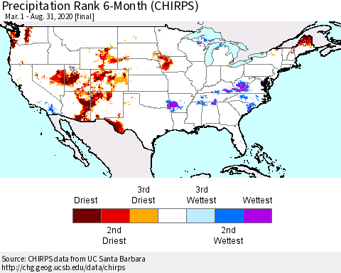 United States Precipitation Rank since 1981, 6-Month (CHIRPS) Thematic Map For 3/1/2020 - 8/31/2020