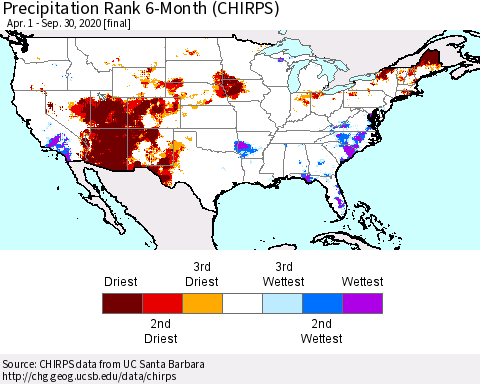 United States Precipitation Rank 6-Month (CHIRPS) Thematic Map For 4/1/2020 - 9/30/2020