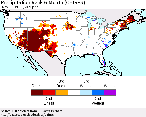 United States Precipitation Rank 6-Month (CHIRPS) Thematic Map For 5/1/2020 - 10/31/2020