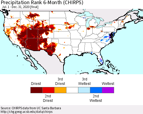 United States Precipitation Rank 6-Month (CHIRPS) Thematic Map For 7/1/2020 - 12/31/2020