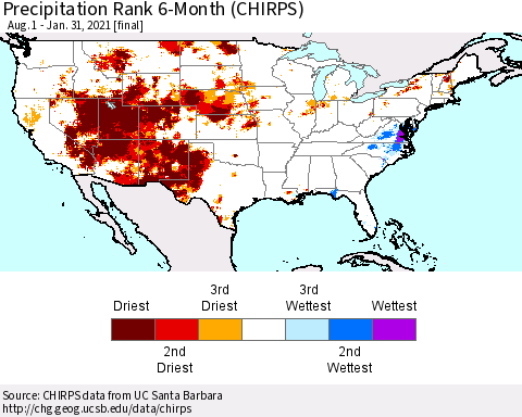 United States Precipitation Rank 6-Month (CHIRPS) Thematic Map For 8/1/2020 - 1/31/2021