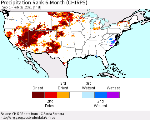 United States Precipitation Rank since 1981, 6-Month (CHIRPS) Thematic Map For 9/1/2020 - 2/28/2021