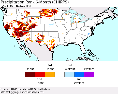 United States Precipitation Rank 6-Month (CHIRPS) Thematic Map For 10/1/2020 - 3/31/2021