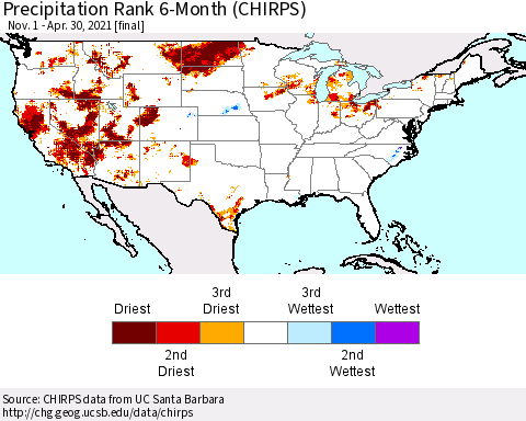 United States Precipitation Rank 6-Month (CHIRPS) Thematic Map For 11/1/2020 - 4/30/2021
