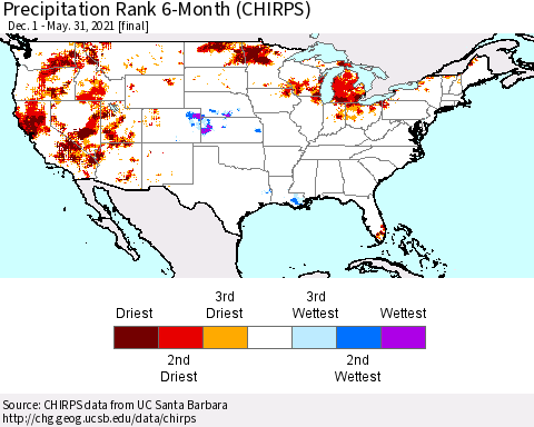 United States Precipitation Rank 6-Month (CHIRPS) Thematic Map For 12/1/2020 - 5/31/2021