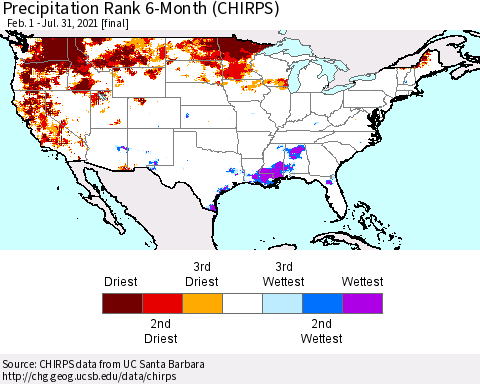 United States Precipitation Rank 6-Month (CHIRPS) Thematic Map For 2/1/2021 - 7/31/2021