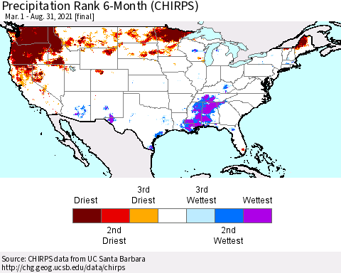 United States Precipitation Rank since 1981, 6-Month (CHIRPS) Thematic Map For 3/1/2021 - 8/31/2021