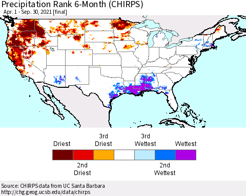United States Precipitation Rank since 1981, 6-Month (CHIRPS) Thematic Map For 4/1/2021 - 9/30/2021