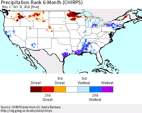 United States Precipitation Rank 6-Month (CHIRPS) Thematic Map For 5/1/2021 - 10/31/2021