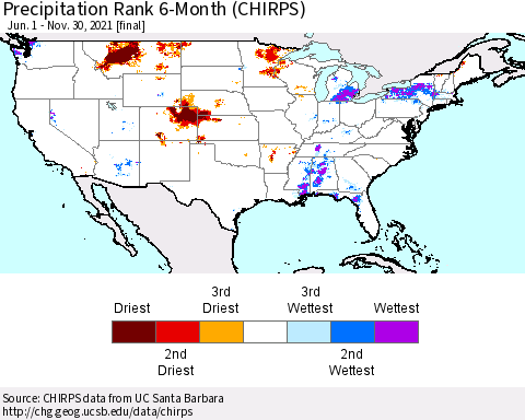 United States Precipitation Rank since 1981, 6-Month (CHIRPS) Thematic Map For 6/1/2021 - 11/30/2021
