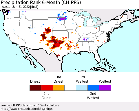 United States Precipitation Rank since 1981, 6-Month (CHIRPS) Thematic Map For 8/1/2021 - 1/31/2022