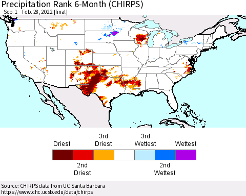 United States Precipitation Rank since 1981, 6-Month (CHIRPS) Thematic Map For 9/1/2021 - 2/28/2022