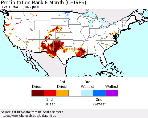 United States Precipitation Rank since 1981, 6-Month (CHIRPS) Thematic Map For 10/1/2021 - 3/31/2022