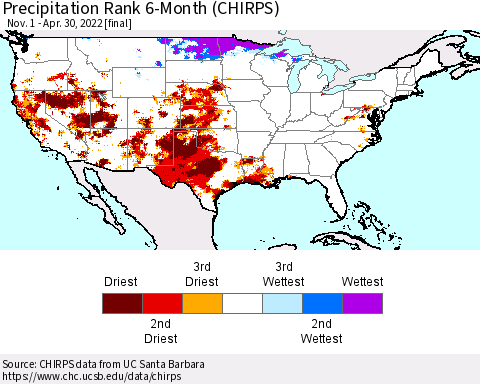 United States Precipitation Rank since 1981, 6-Month (CHIRPS) Thematic Map For 11/1/2021 - 4/30/2022