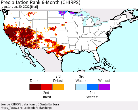 United States Precipitation Rank 6-Month (CHIRPS) Thematic Map For 1/1/2022 - 6/30/2022
