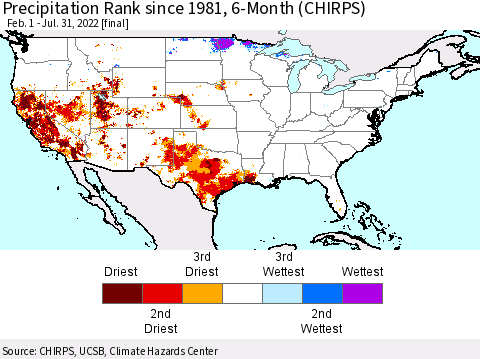 United States Precipitation Rank since 1981, 6-Month (CHIRPS) Thematic Map For 2/1/2022 - 7/31/2022