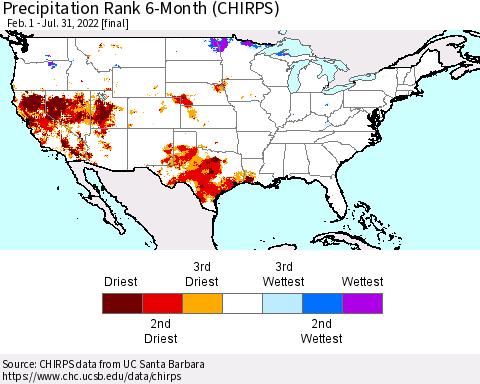 United States Precipitation Rank 6-Month (CHIRPS) Thematic Map For 2/1/2022 - 7/31/2022