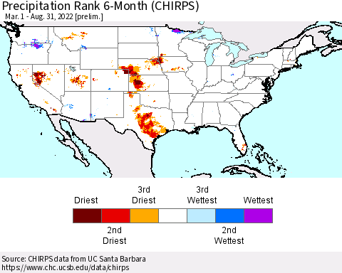 United States Precipitation Rank 6-Month (CHIRPS) Thematic Map For 3/1/2022 - 8/31/2022