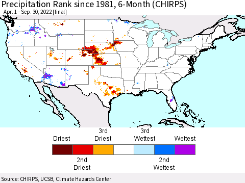 United States Precipitation Rank since 1981, 6-Month (CHIRPS) Thematic Map For 4/1/2022 - 9/30/2022