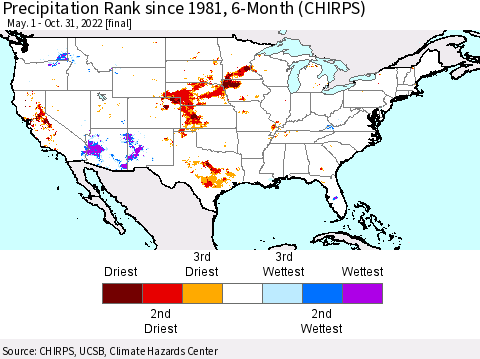 United States Precipitation Rank since 1981, 6-Month (CHIRPS) Thematic Map For 5/1/2022 - 10/31/2022