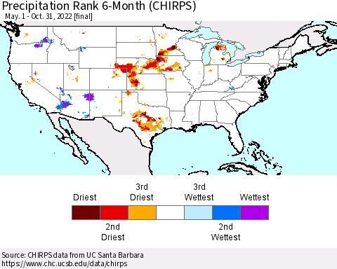 United States Precipitation Rank since 1981, 6-Month (CHIRPS) Thematic Map For 5/1/2022 - 10/31/2022