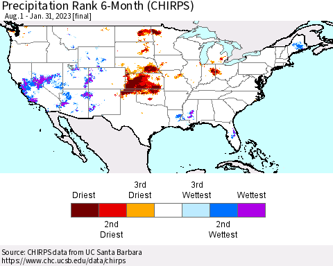 United States Precipitation Rank since 1981, 6-Month (CHIRPS) Thematic Map For 8/1/2022 - 1/31/2023