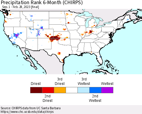 United States Precipitation Rank since 1981, 6-Month (CHIRPS) Thematic Map For 9/1/2022 - 2/28/2023