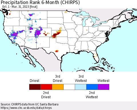 United States Precipitation Rank since 1981, 6-Month (CHIRPS) Thematic Map For 10/1/2022 - 3/31/2023