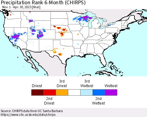 United States Precipitation Rank since 1981, 6-Month (CHIRPS) Thematic Map For 11/1/2022 - 4/30/2023