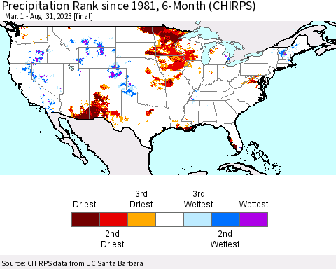 United States Precipitation Rank since 1981, 6-Month (CHIRPS) Thematic Map For 3/1/2023 - 8/31/2023