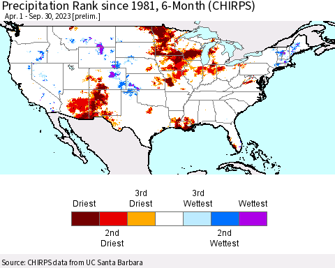 United States Precipitation Rank since 1981, 6-Month (CHIRPS) Thematic Map For 4/1/2023 - 9/30/2023