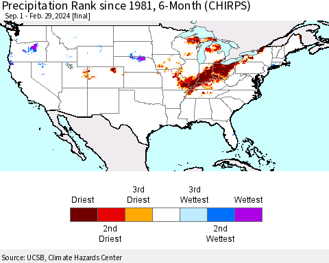 United States Precipitation Rank since 1981, 6-Month (CHIRPS) Thematic Map For 9/1/2023 - 2/29/2024