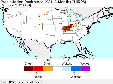 United States Precipitation Rank since 1981, 6-Month (CHIRPS) Thematic Map For 10/1/2023 - 3/31/2024