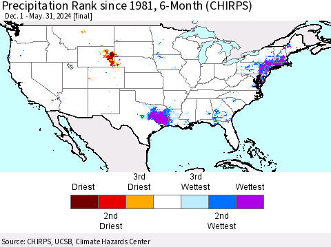 United States Precipitation Rank since 1981, 6-Month (CHIRPS) Thematic Map For 12/1/2023 - 5/31/2024