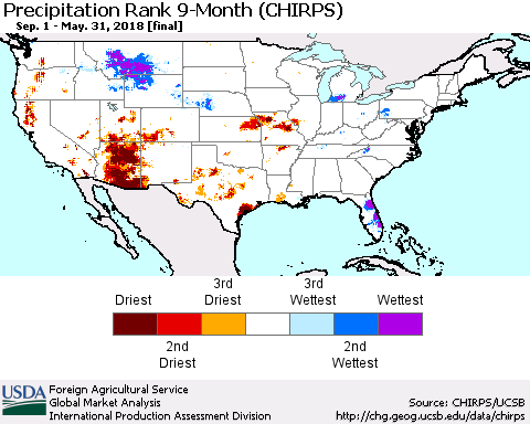 United States Precipitation Rank since 1981, 9-Month (CHIRPS) Thematic Map For 9/1/2017 - 5/31/2018
