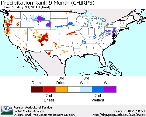 United States Precipitation Rank since 1981, 9-Month (CHIRPS) Thematic Map For 12/1/2017 - 8/31/2018