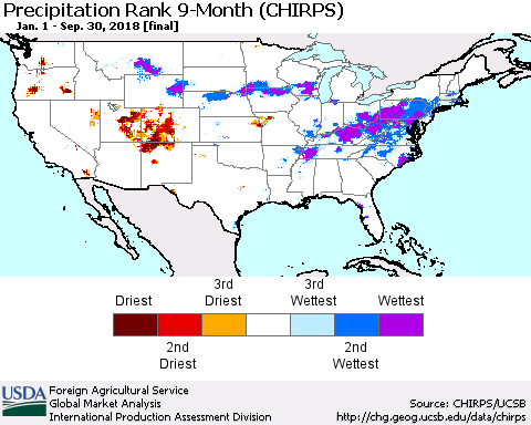 United States Precipitation Rank since 1981, 9-Month (CHIRPS) Thematic Map For 1/1/2018 - 9/30/2018