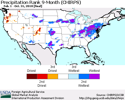 United States Precipitation Rank since 1981, 9-Month (CHIRPS) Thematic Map For 2/1/2018 - 10/31/2018