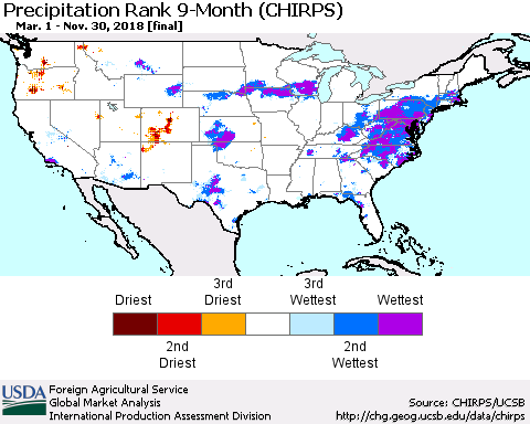 United States Precipitation Rank since 1981, 9-Month (CHIRPS) Thematic Map For 3/1/2018 - 11/30/2018
