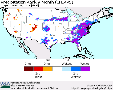 United States Precipitation Rank since 1981, 9-Month (CHIRPS) Thematic Map For 4/1/2018 - 12/31/2018