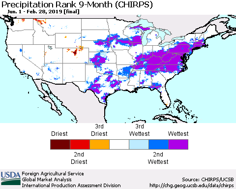 United States Precipitation Rank since 1981, 9-Month (CHIRPS) Thematic Map For 6/1/2018 - 2/28/2019