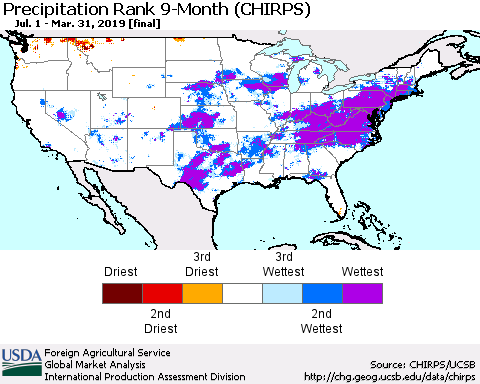 United States Precipitation Rank since 1981, 9-Month (CHIRPS) Thematic Map For 7/1/2018 - 3/31/2019