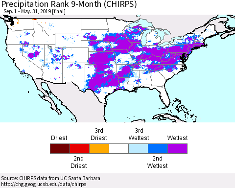 United States Precipitation Rank since 1981, 9-Month (CHIRPS) Thematic Map For 9/1/2018 - 5/31/2019