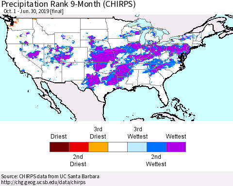 United States Precipitation Rank since 1981, 9-Month (CHIRPS) Thematic Map For 10/1/2018 - 6/30/2019
