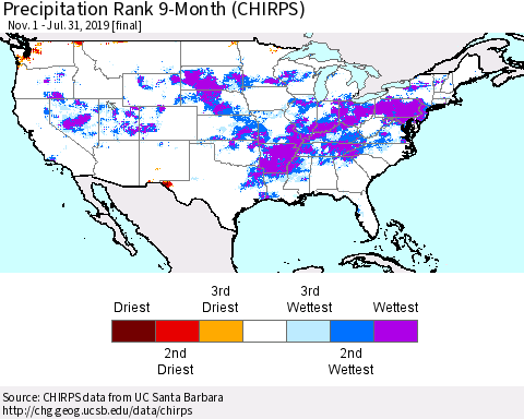 United States Precipitation Rank since 1981, 9-Month (CHIRPS) Thematic Map For 11/1/2018 - 7/31/2019