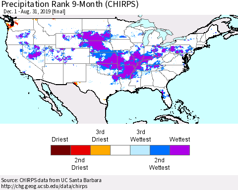 United States Precipitation Rank since 1981, 9-Month (CHIRPS) Thematic Map For 12/1/2018 - 8/31/2019