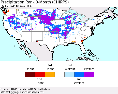 United States Precipitation Rank since 1981, 9-Month (CHIRPS) Thematic Map For 1/1/2019 - 9/30/2019