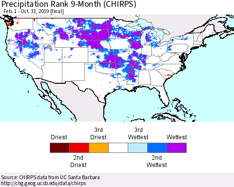 United States Precipitation Rank since 1981, 9-Month (CHIRPS) Thematic Map For 2/1/2019 - 10/31/2019