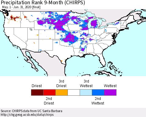 United States Precipitation Rank since 1981, 9-Month (CHIRPS) Thematic Map For 5/1/2019 - 1/31/2020