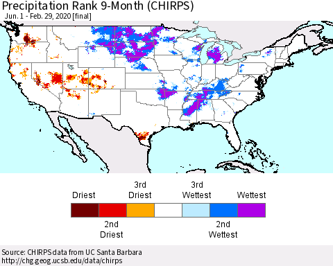 United States Precipitation Rank 9-Month (CHIRPS) Thematic Map For 6/1/2019 - 2/29/2020
